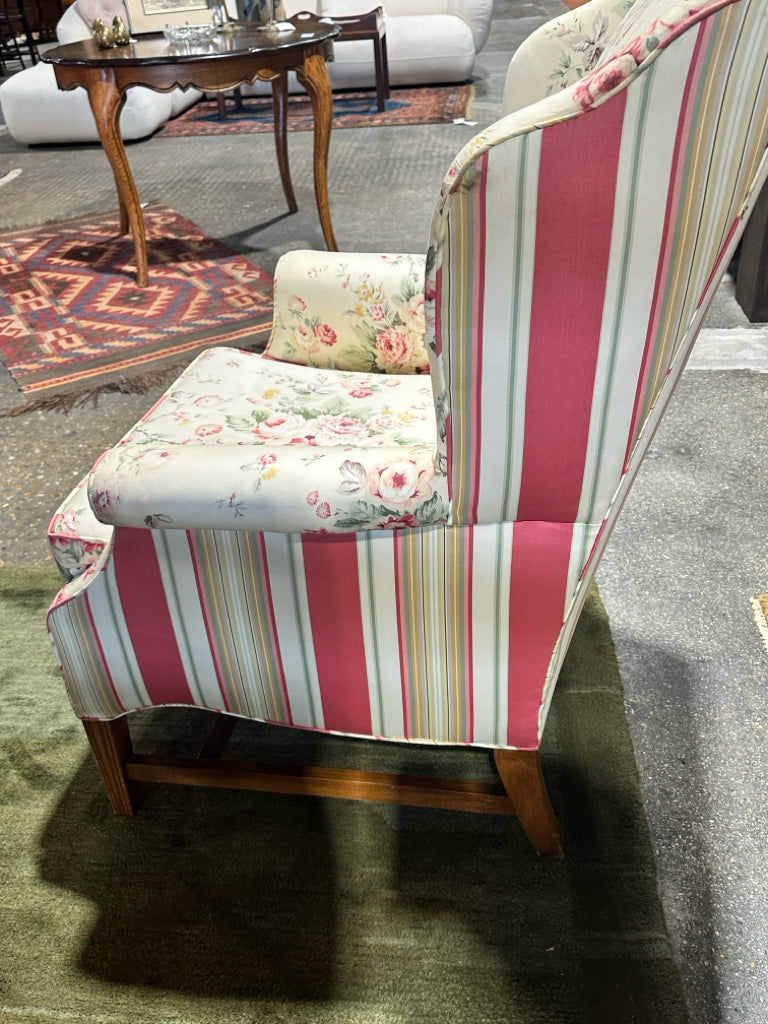 Wingback chair, stripes/floral mix, 29"W x 30"D x 39.5"H
