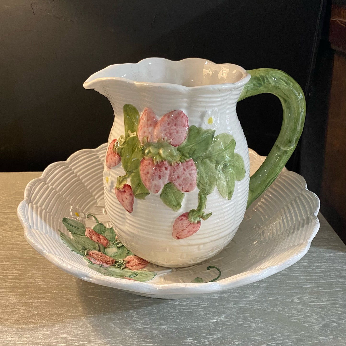 Vintage Strawberry Vine Pitcher W/Bowl, 9"H x 13"Dia