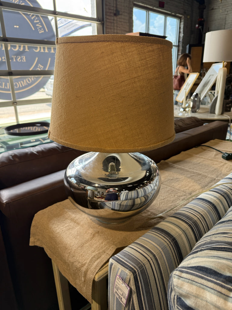 Silver gourd lamp, burlap shade 15"Dia x 22"H