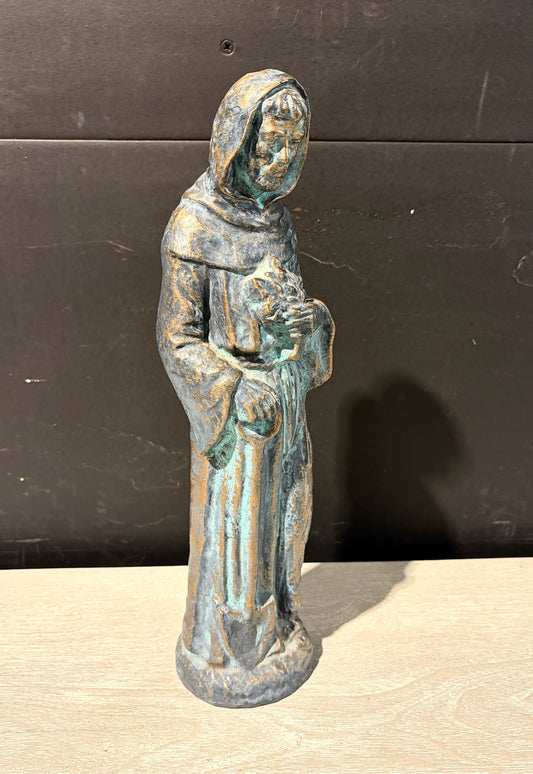 VTG Bronze Statue of St. Francis of Assisi, 3.5"W x 3.35"D x 14.5"H