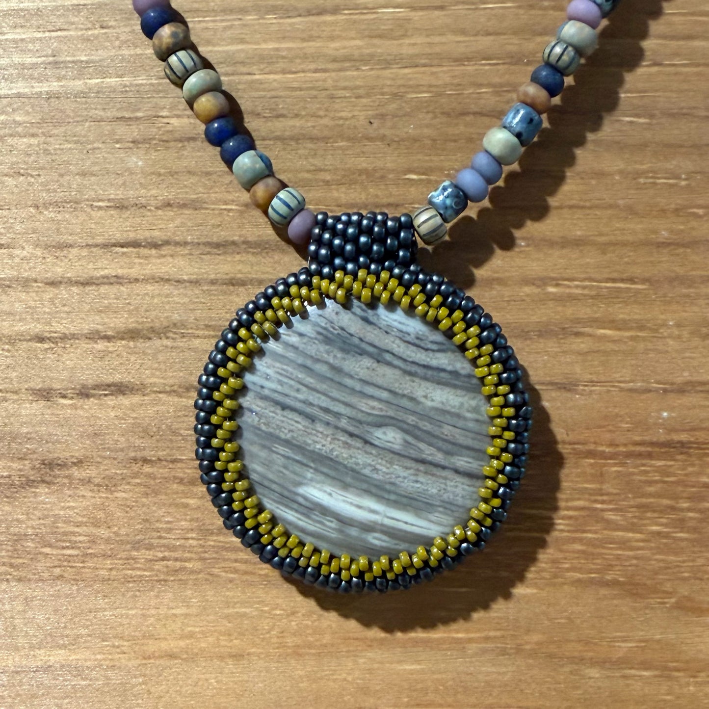 Jasper Pendant W/Peyote Bezel, 17"L, Carrie Prince Wearable Art