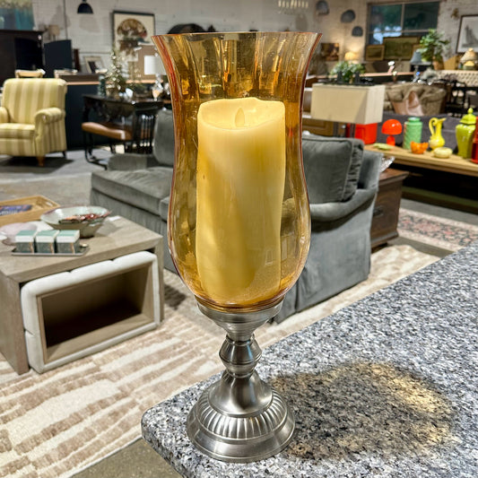Hurricane Candleholder w/ Luminara Pillar Candle, Orange Glass, 7" Dia x 19" H