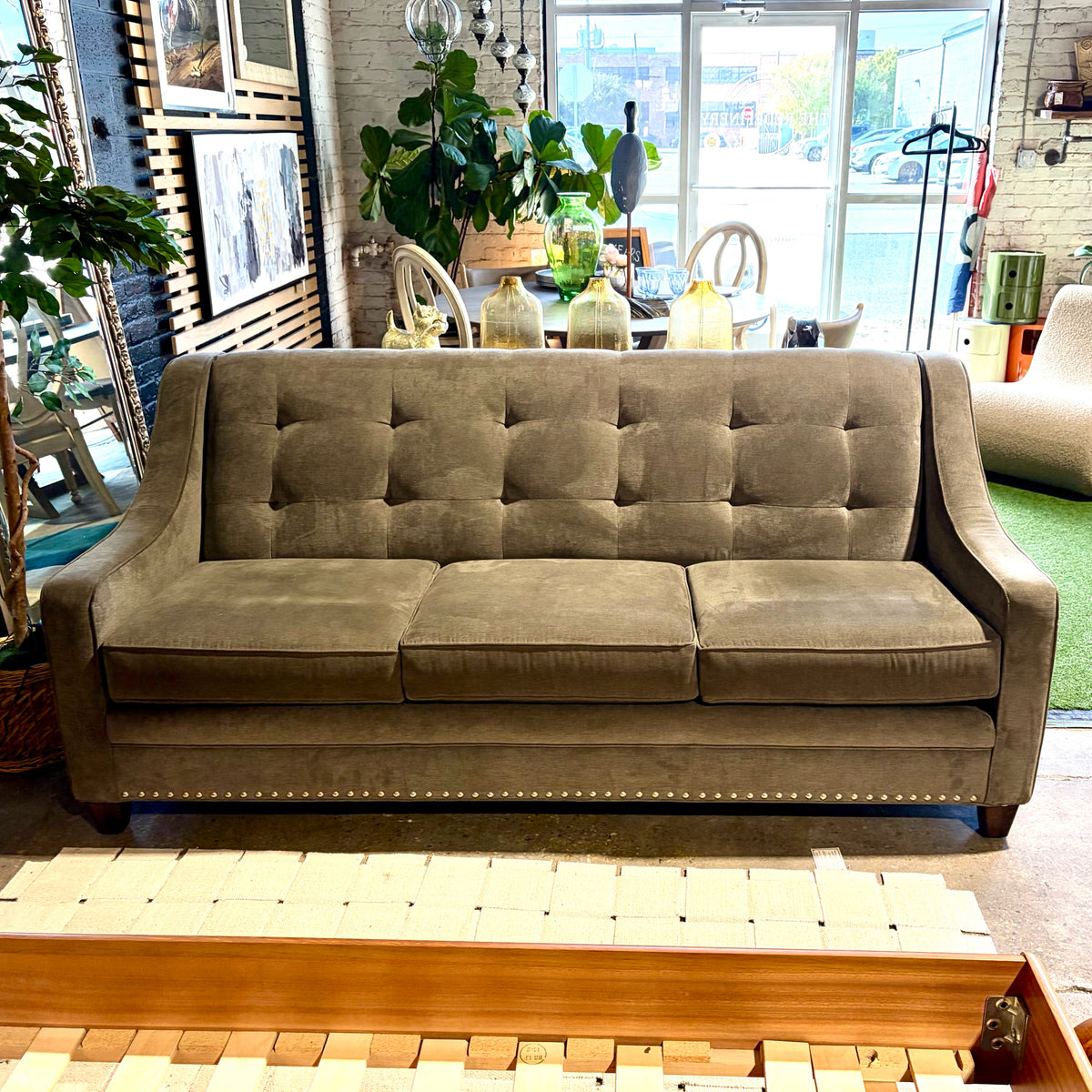 Smith & Brothers Tuafted Velvet Sofa, Taupe/Tabacco, 81"W x 39"D x 36"H