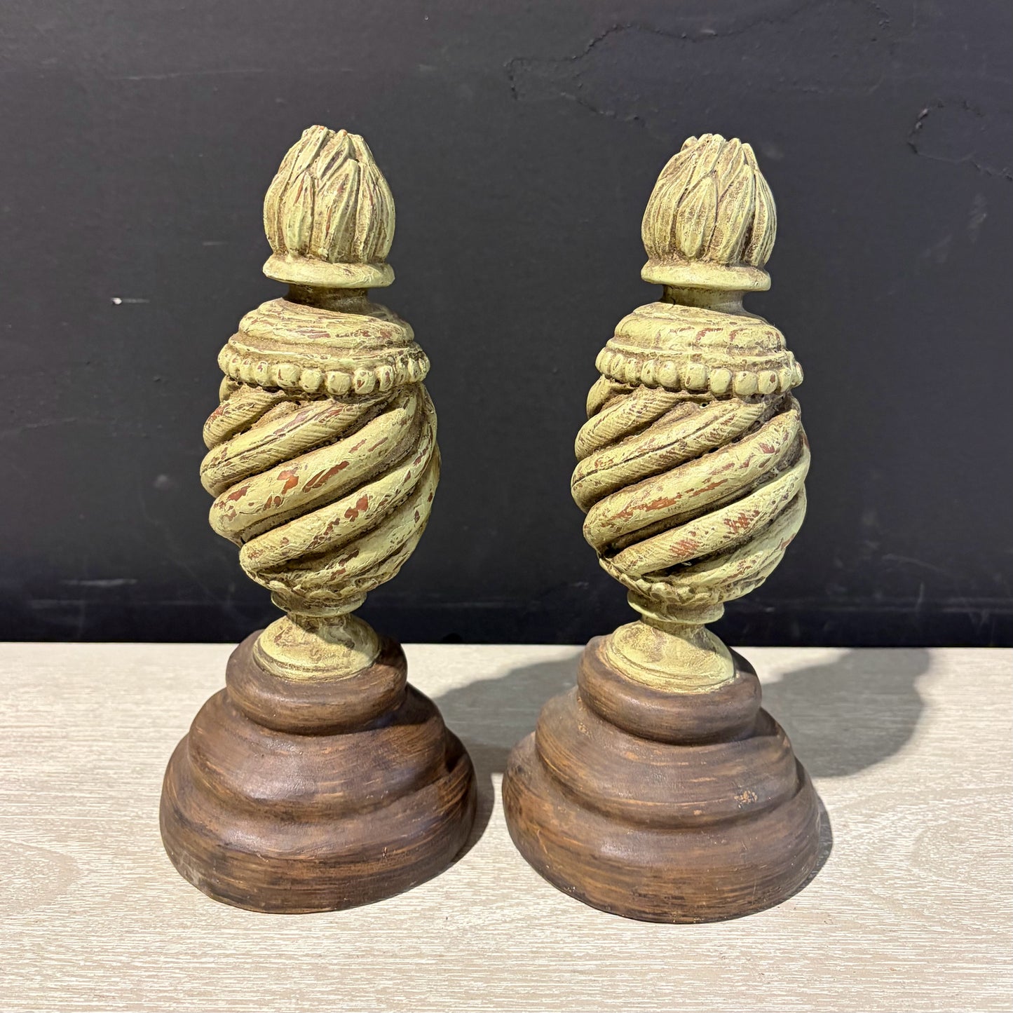 Distressed Finial Bookends, 9.25"H x 3"W x 4.5"D