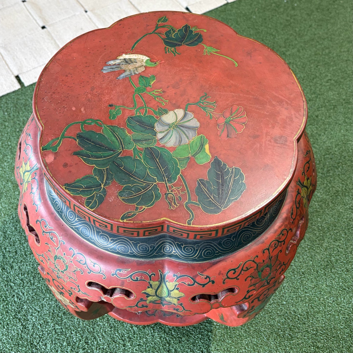 VTG Red Lacquer Drum Stool, 17"W x 17"D x 18.5"H