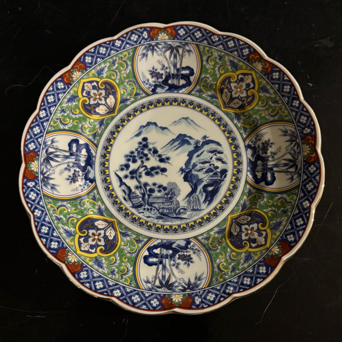 Imari Porcelain Plate, blue/green/gold 12" D x 1.75" H