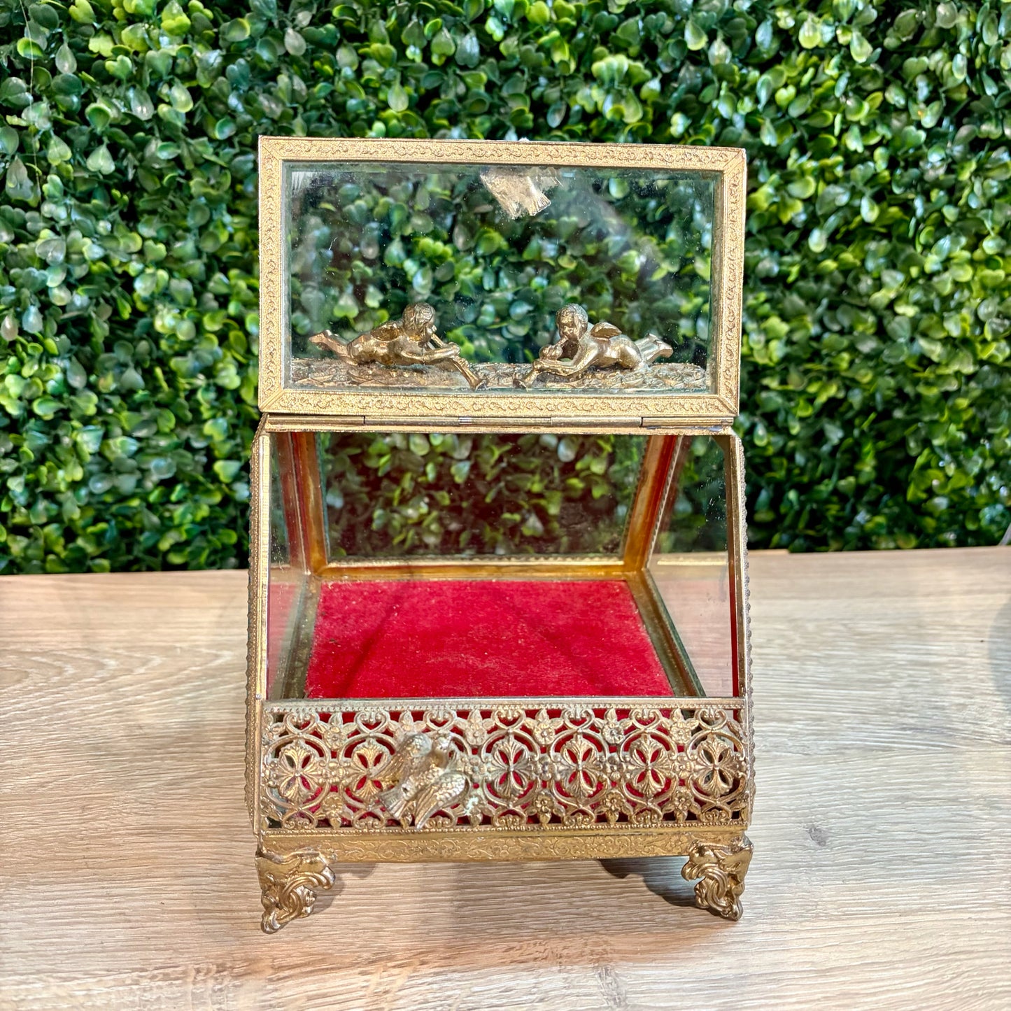 Vintage Filigree & Glass Jewelry Casket/Trinket Box, 5.5"W x 6"D x 5.75"H