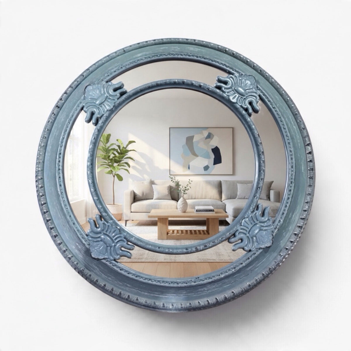 VTG Inspired Blue Round Wood Wall Mirror 25" diam