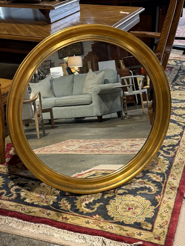 Antiqued gold round mirror, 33"DIA x 2"H