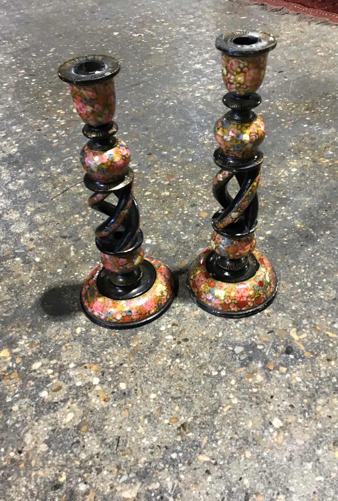 PAIR of Vintage Sudha Paper Mache/ Wood Candlesticks 5" Dia x 12.5" H