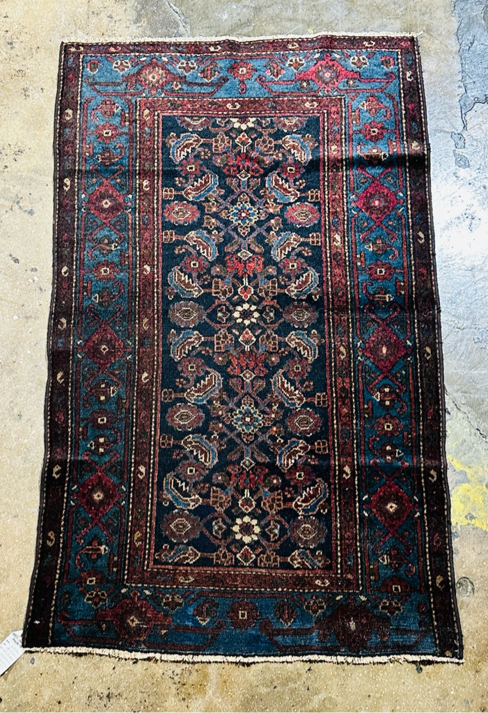Antique Handwoven Persian rug, Hamadan, navy/aubergine, 3'3" x 6'
