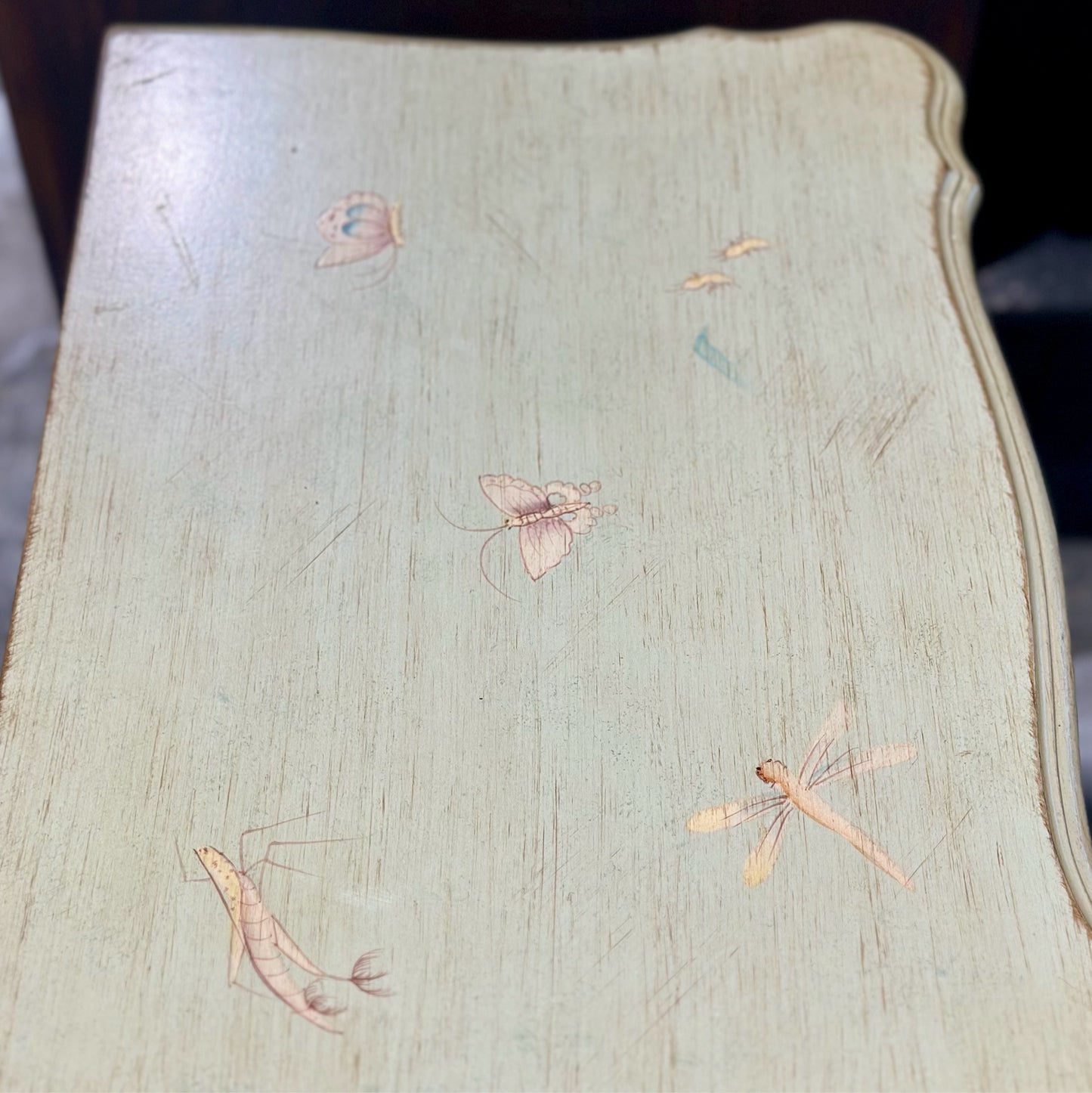 Petite Chest of Drawers, Distressed Light Green w/Insects, 24" L x 15" W x 32" H