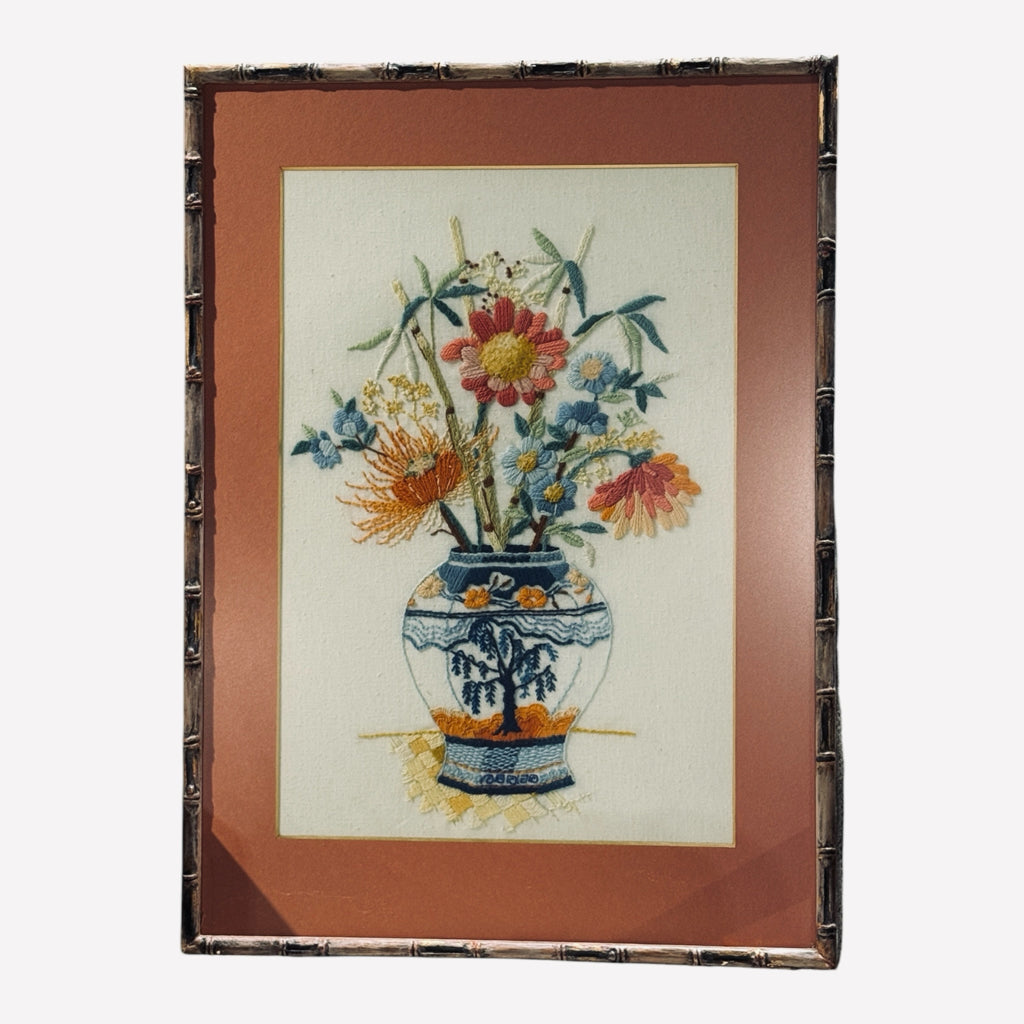 Crewel work art, chinoiserie/bamboo frame, 19"W x 26"H
