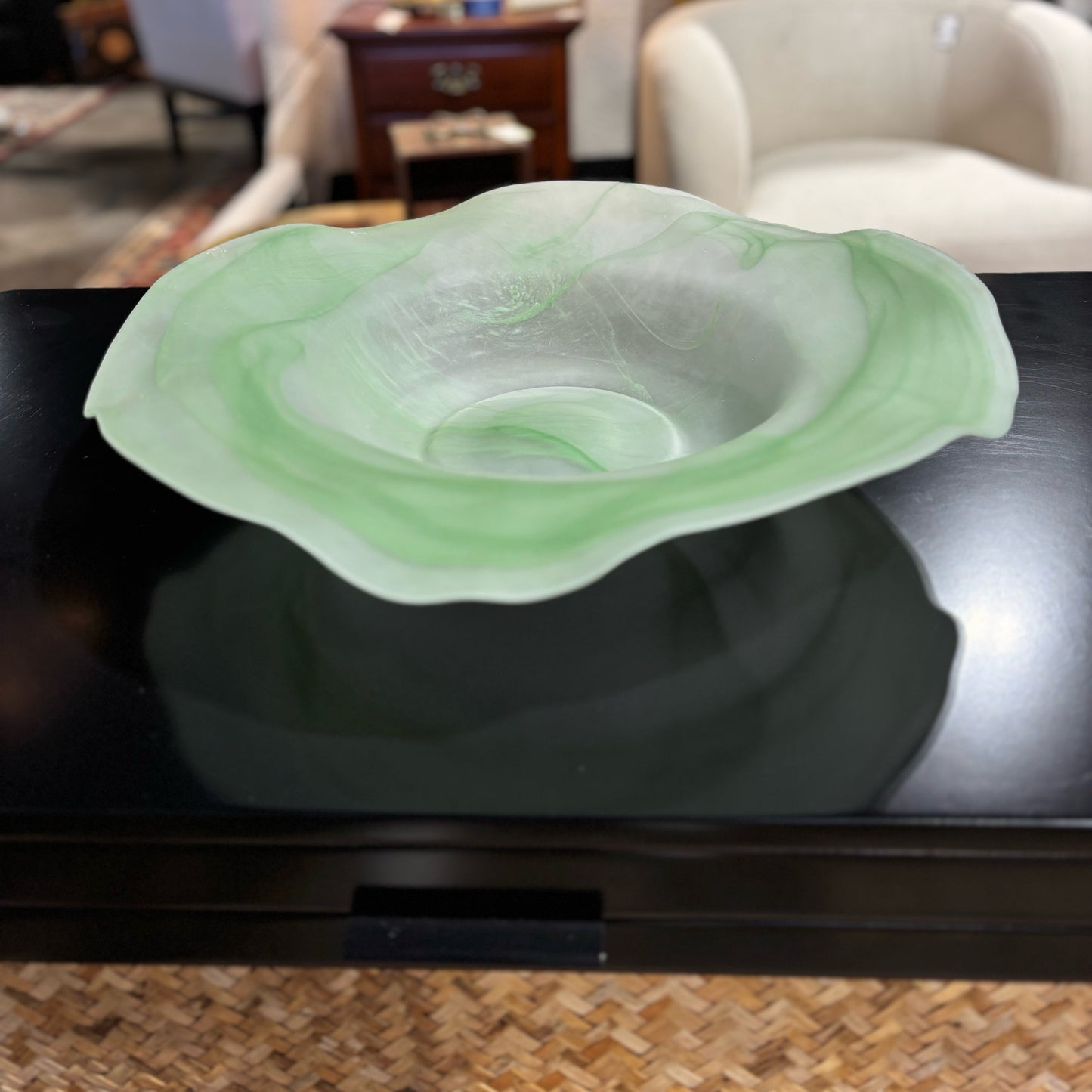 Green & White Blown Art Glass Bowl 16.5" D x 3.5" D