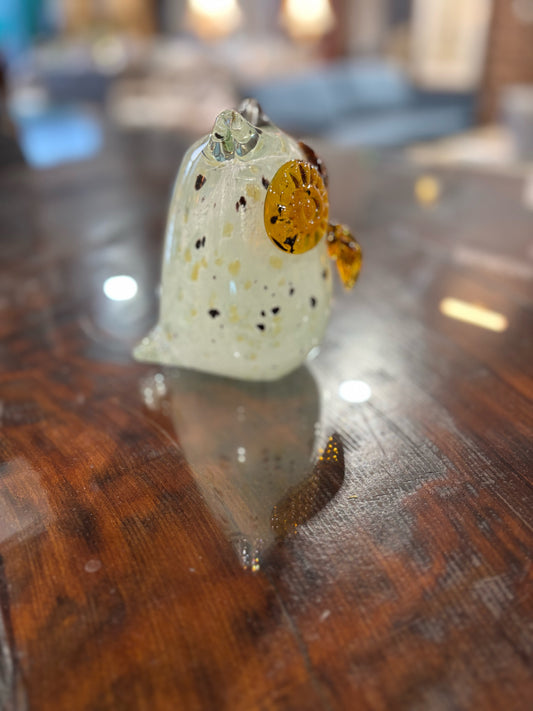 Blown Glass Owl, lt green, brown 4" W x 4.5" D x 5" H