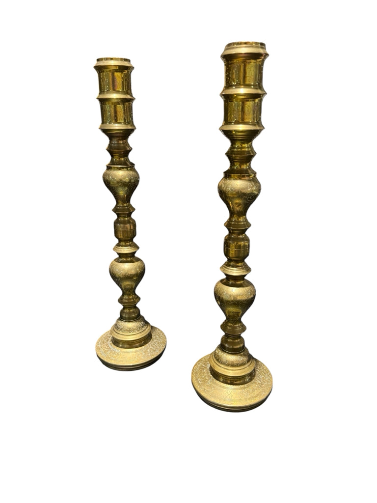 PAIR of VTG brass candlesticks, etched, patina, 17.5"H