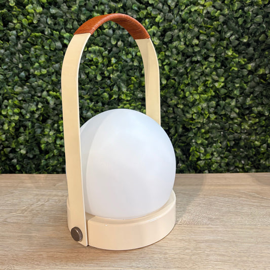 Carrie Portable Indoor/Outdoor LED Lamp, Ivory w/Leather, 6"W x 5.3"D x 9.6"H