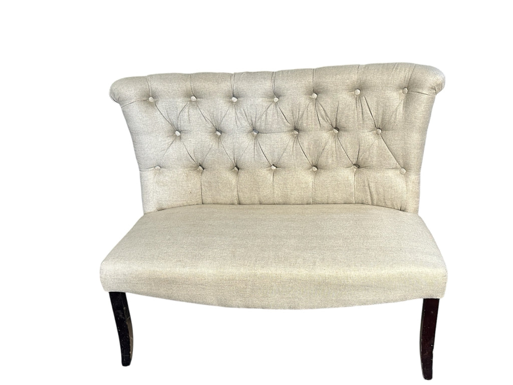 Tufted settee, tan twill, 46"W x 19"D x 38"H