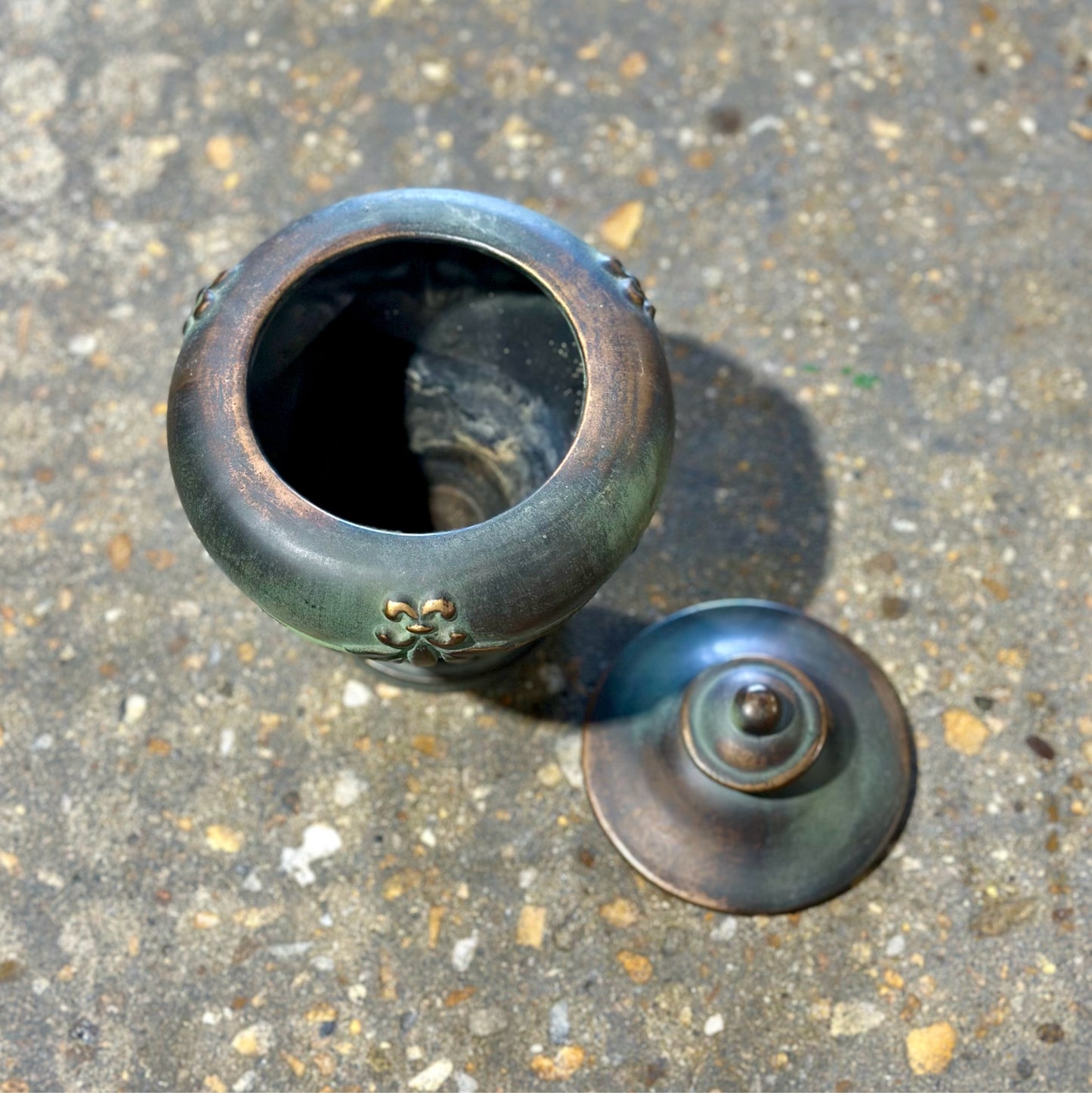 Vintage Lidded Urn, Aged Bronze Ceramic, 6.25" Dia x 7.5" H