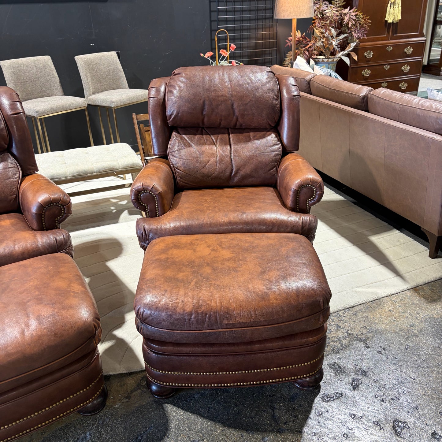Leather MotionCraft Recliner & Ottoman w/Nailhead Trim, chair:39"H x 32"W x 38"D