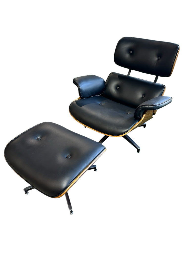 Eames-style chair & ottoman, black leather/veneer, 33"W x 35"D x 30"H
