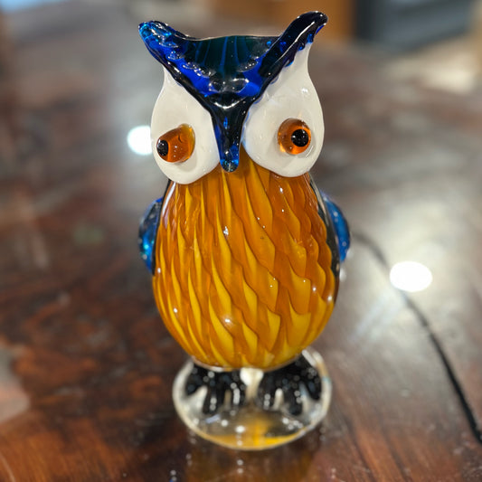 Glass Owl, brown, blue 4.5" W x 4" D x 8" H
