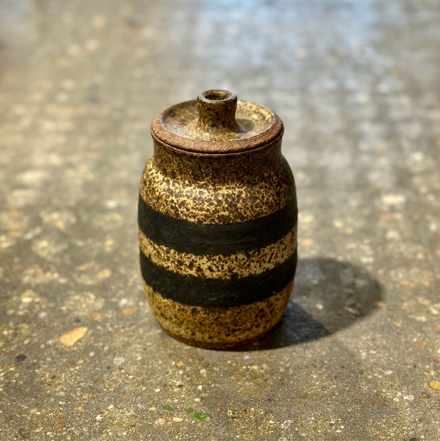 Signed Studio Pottery Crock w/ Lid, Black Stripes, 4" Dia x 6" H