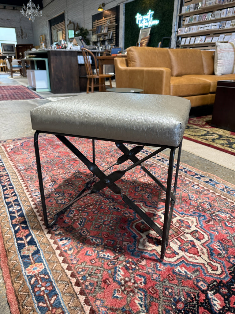 Palacek Ottoman, pewter textured leather, wrought iron, 18"W x 18"D x 19"H