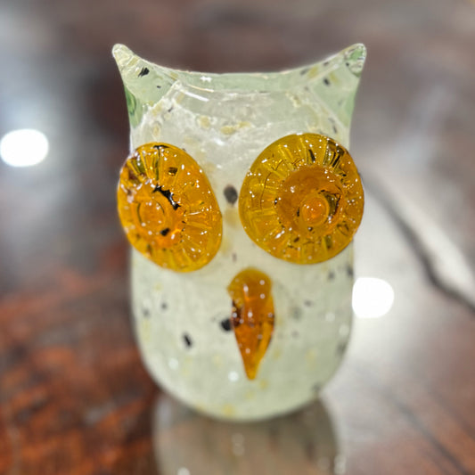 Blown Glass Owl, lt green, brown 4" W x 4.5" D x 5" H