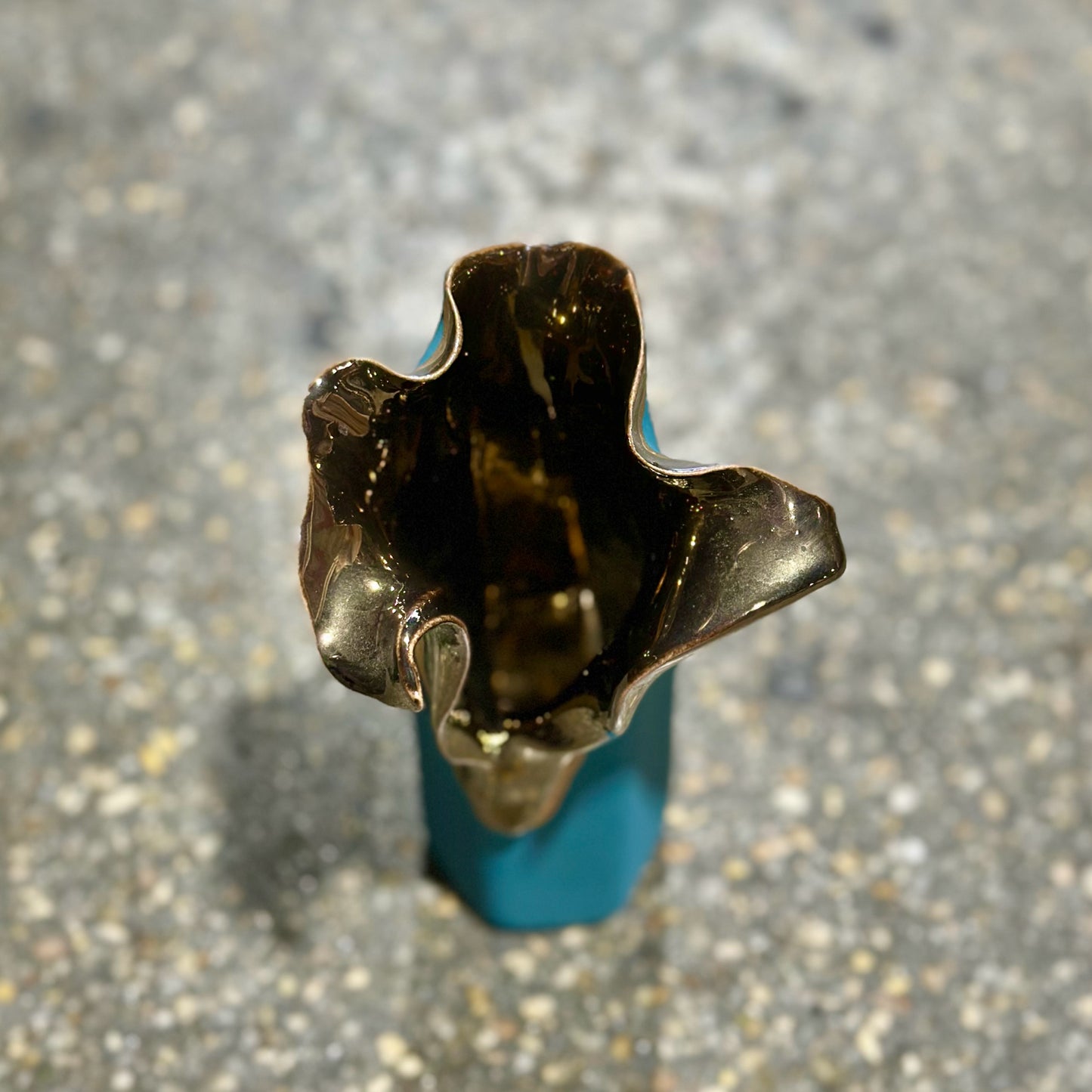 Abstract Teal & Gold Ceramic Bud Vase, 3.5" L x 3" W x 6" H