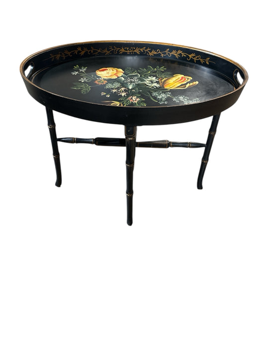 Vintage tole tray table, collapsible, 29"W x 21"D x 21"H