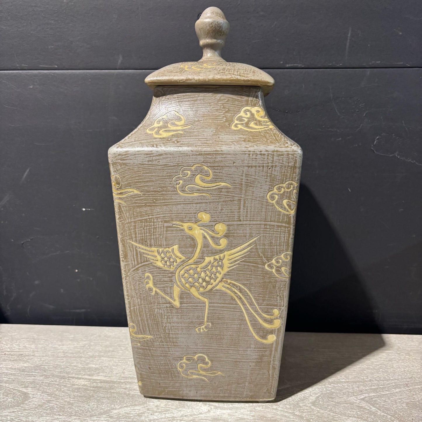 Green Chinoiserie Lidded Jar 6.5" W x 6.5" D x 15"" H