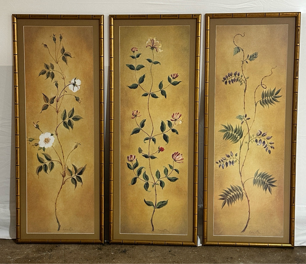 SET of 3 botanicals w/faux bamboo frames, 15"W x 39"H