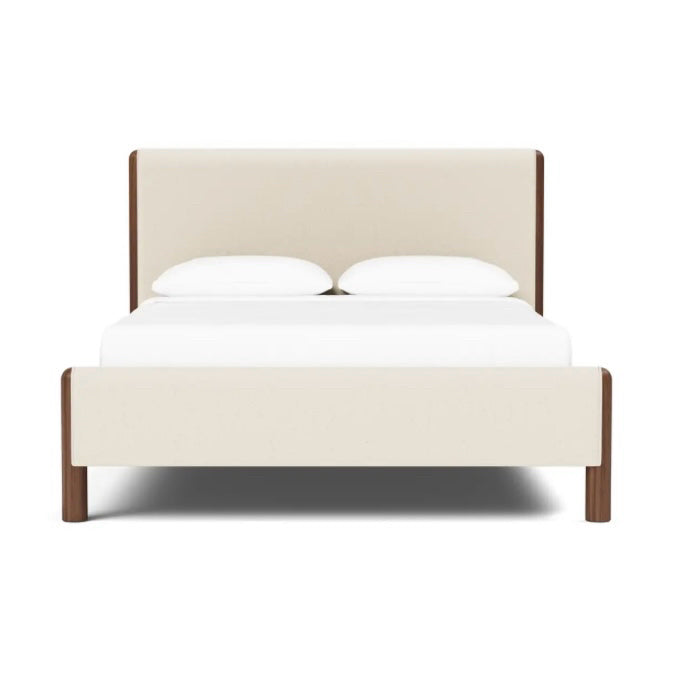 Laurel King Bed w/ Low Footboard, Oat Linen & Walnut, 90.25” D x 84.5” W x 48” H