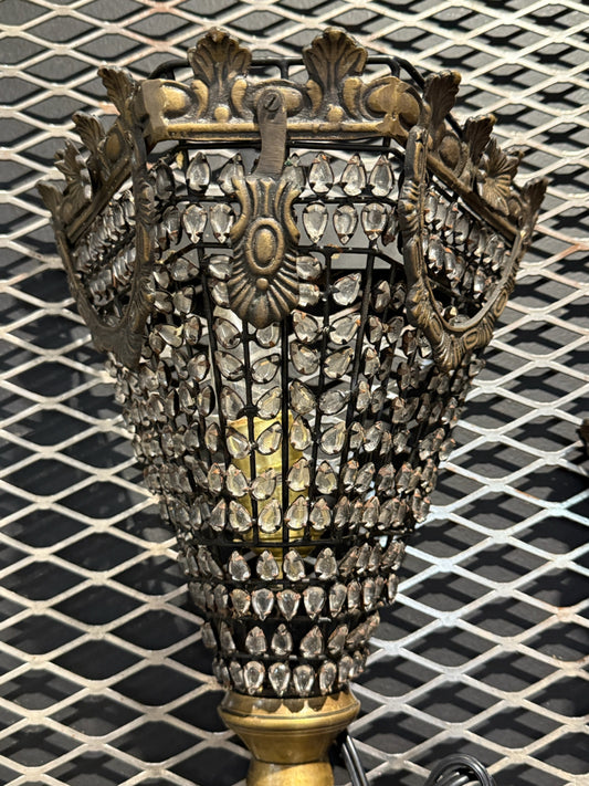 PAIR of Antique brass/crystal Art Deco sconces, 11.5"H x 9.5"W x 6"D