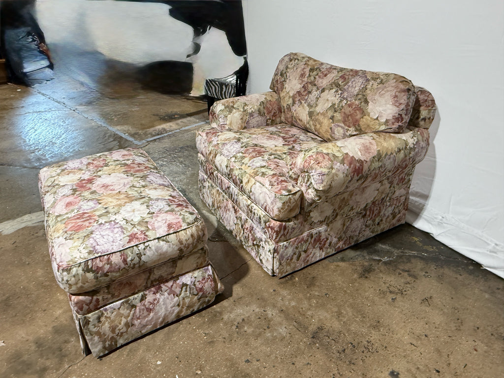 Kravet floral swivel chair & ottoman, 43"W x 36"D x 32"H
