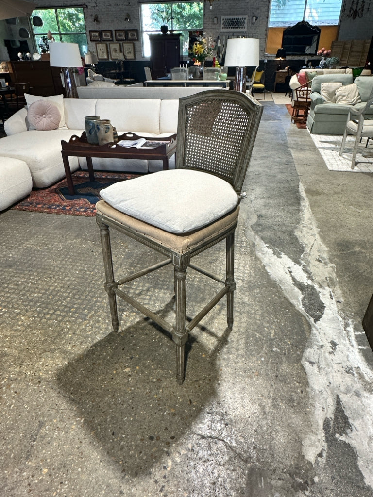 Furniture Classics cane back, linen stool, 20"W x 19"D x 44"H