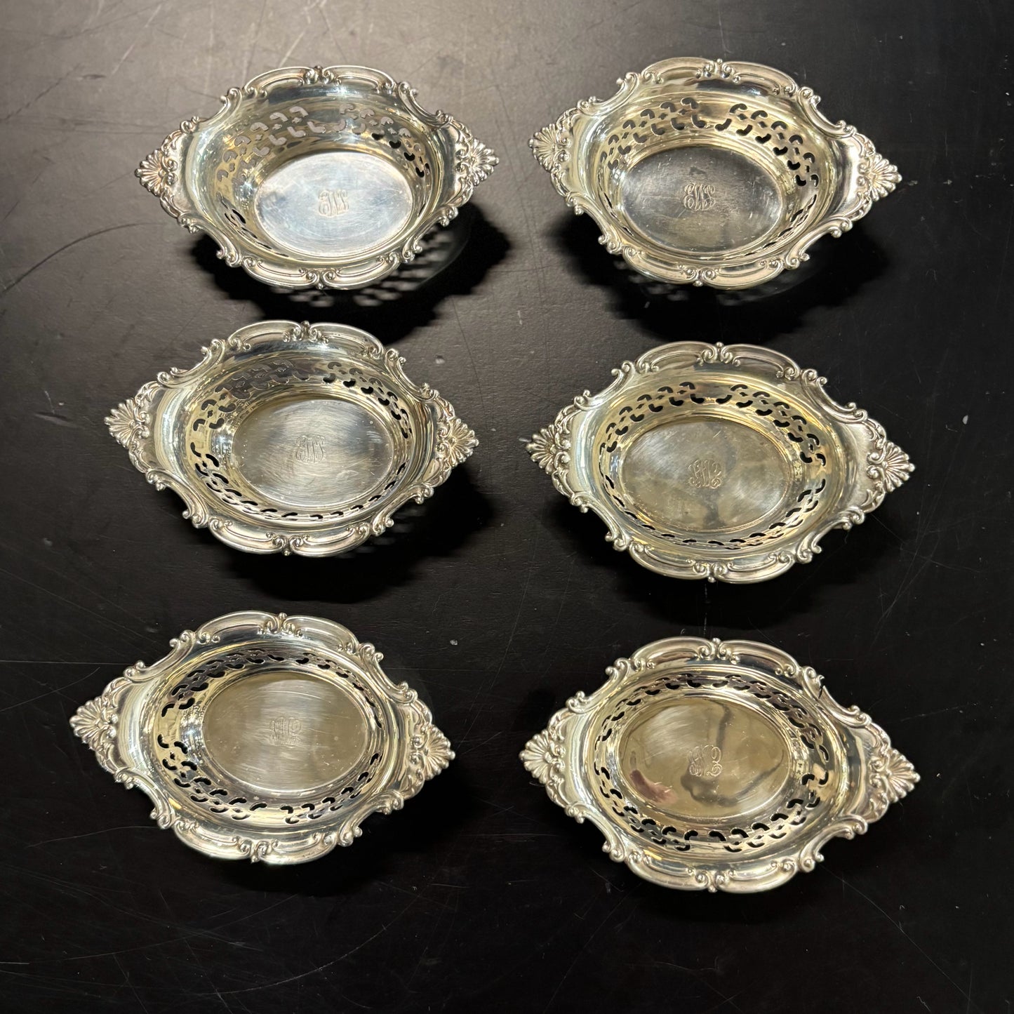 Set 6 Gorham Sterling Nut Dishes, monogram, 3.75" W x 2.5" D x 1.25" H
