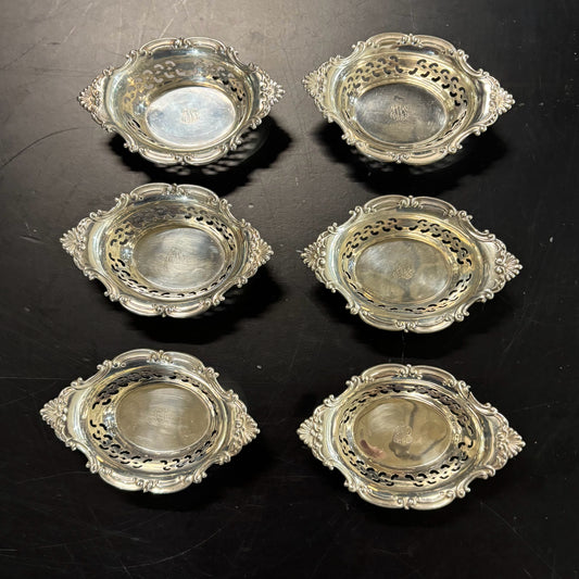 Set 6 Gorham Sterling Nut Dishes, monogram, 3.75" W x 2.5" D x 1.25" H