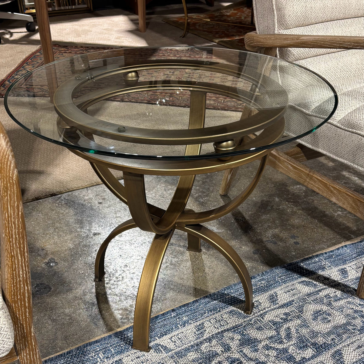 Glass top/antiqued brass finish base side table