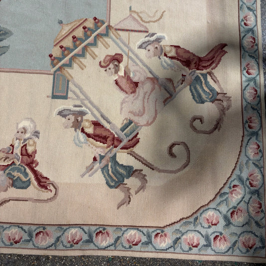 VTG Aubusson Style Singerie Monkey Motif Needlepoint Rug, 8'8"L x 5'6"W