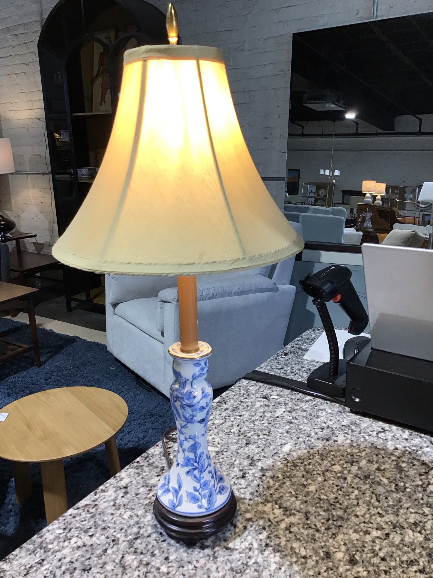 Blue and white porcelain lamp with wood base and silk shade 25"H
