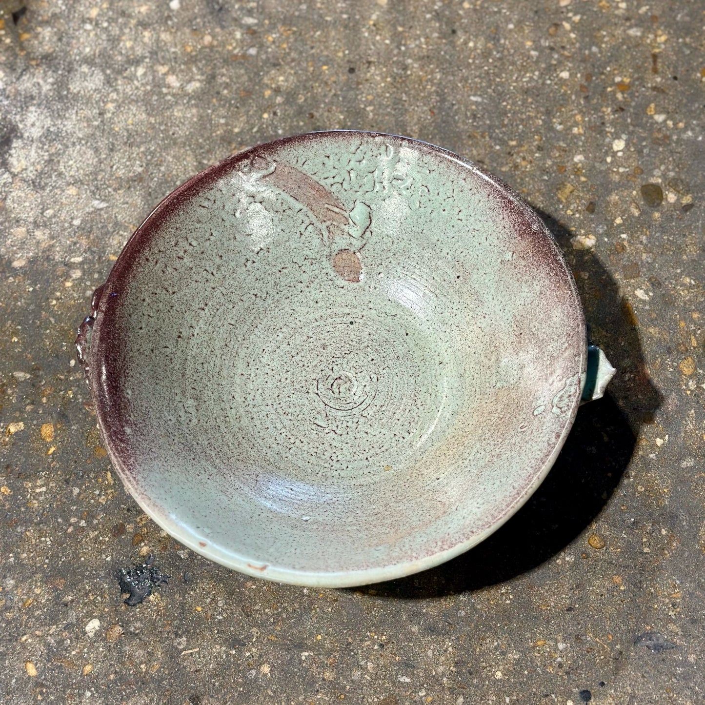 Signed Studio Pottery Decorative Bowl, Light Blue & Mulberry, 14" Dia x 4" H
