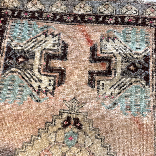 VTG Turkish hand knotted rug, blush/brn/sage, 38.5" x 19"