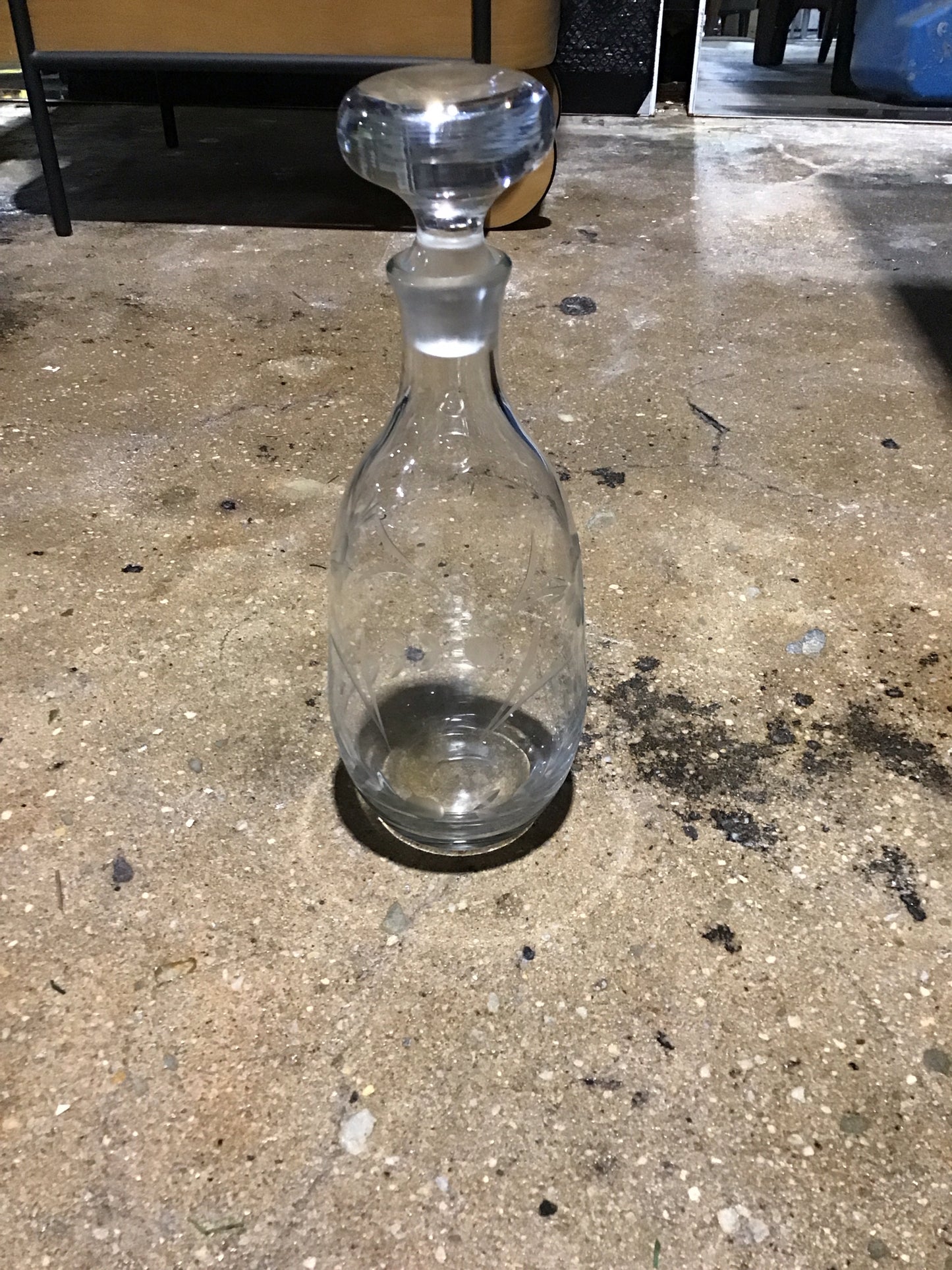 Vintage Glass Decanter w Etched Floral Pattern 4.5" base x 12" H