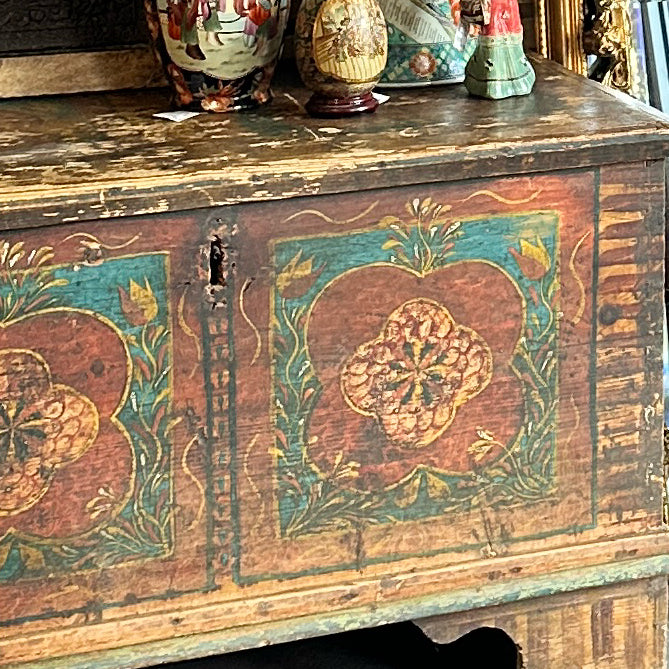 Antique Adams(?) trunk, original paint, hand wrought hardware