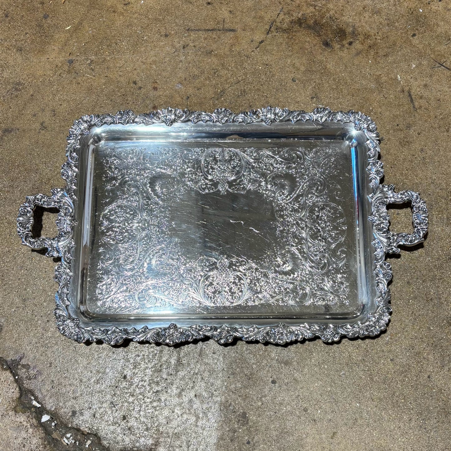 Silverplated Tray with Handles & Feet 27.5" L x 17" W x 2" H