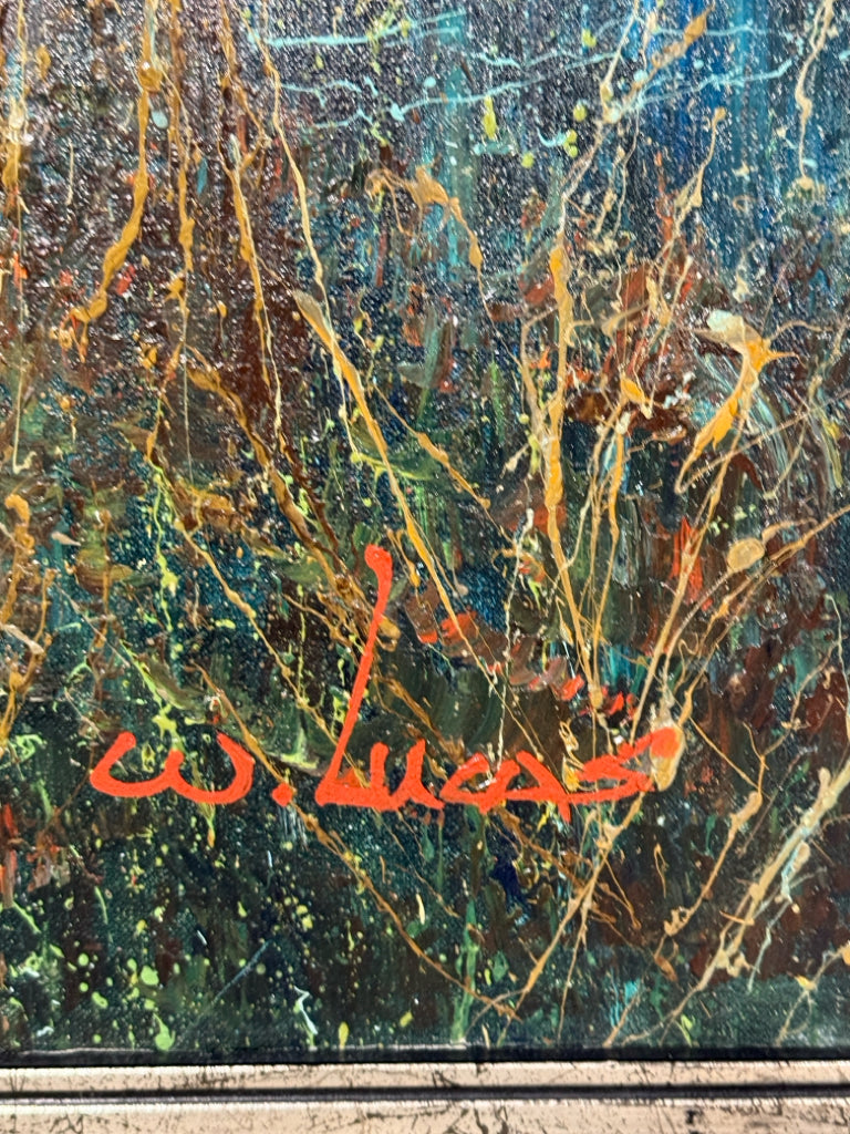 MCM signed W. Lucas oil painting, 37.5"W x 37.5" H x 2"D