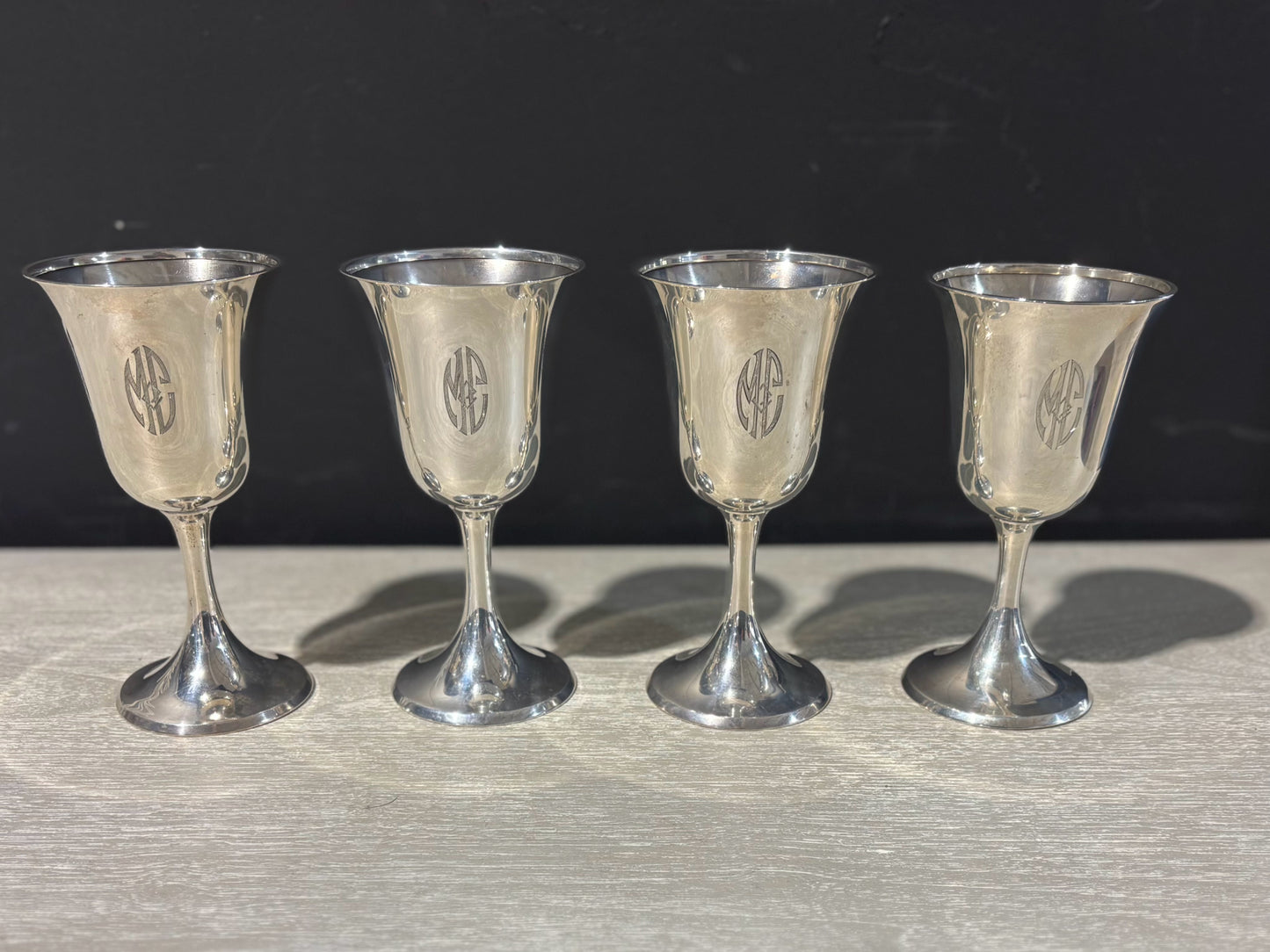 SET 4 Gorham Sterling Goblets, mono, 7" H x 3.75" D