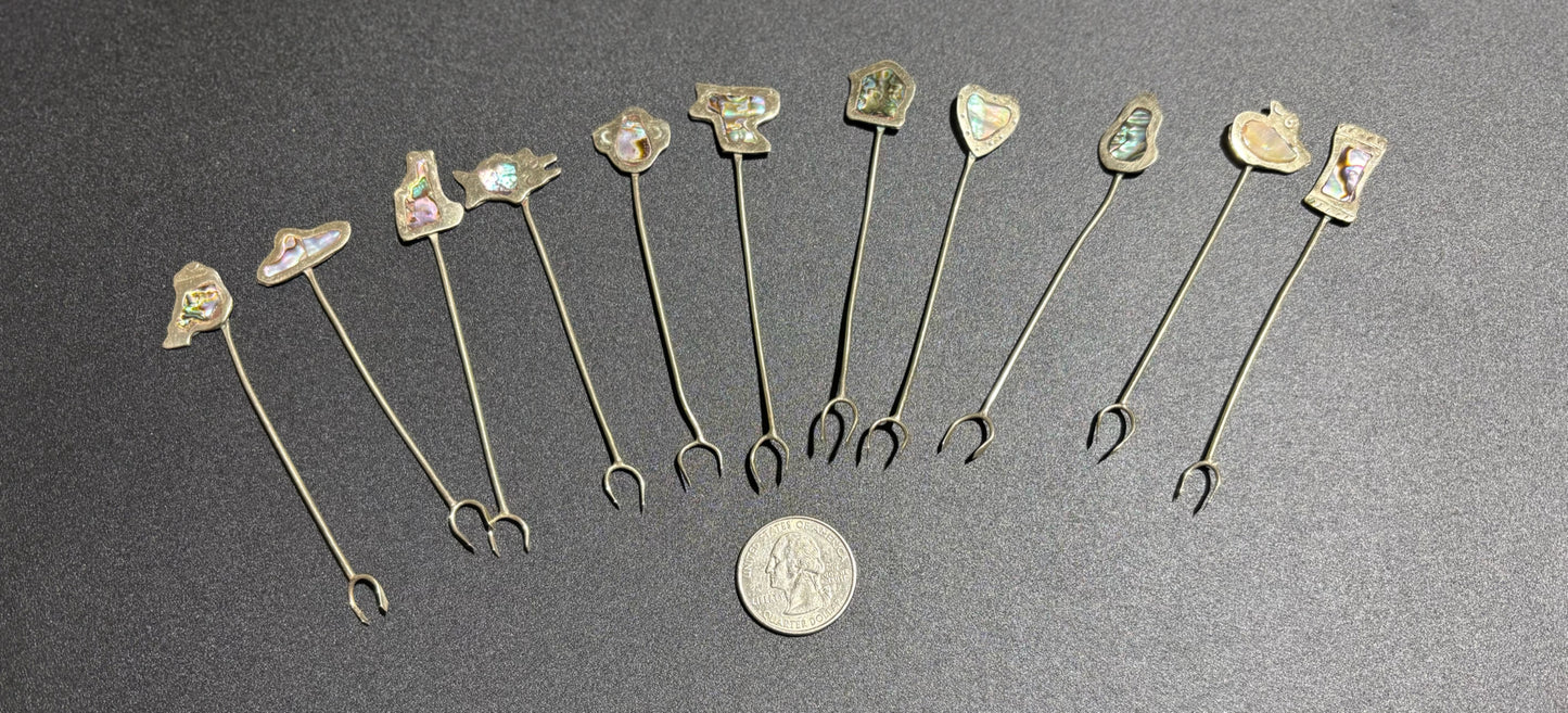SET 11 Vintage Abalone Inlay Silver Cocktail Picks 3.5" L x .5" W